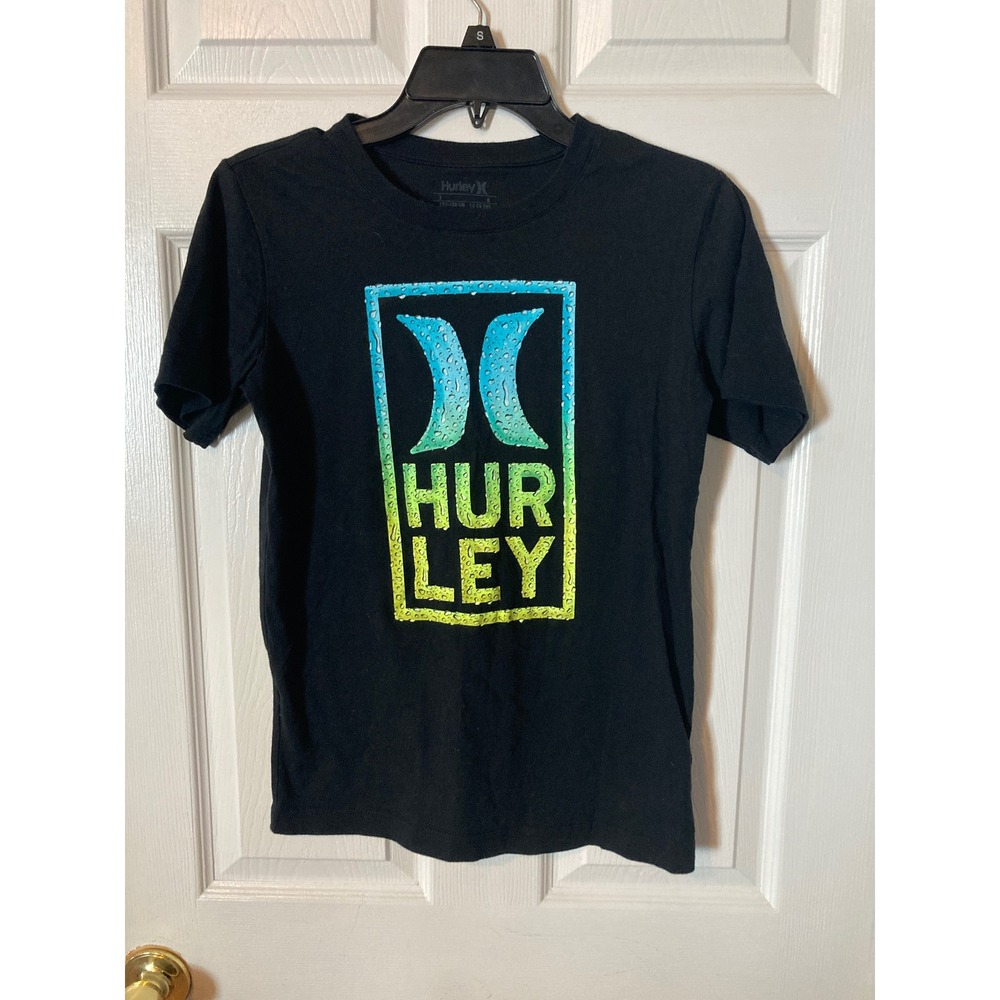 Hurley Boys‎ Black Graphic T-Shirt Teal Lime Green Logo Size L 12-13 Yrs